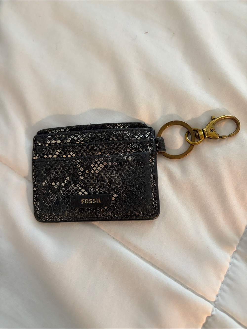 Fossil Black Snake-Embossed Card Holder Keychain with Gold Hardware